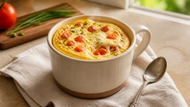 Omelete de caneca no micro-ondas com queijo, tomate e cebolinha