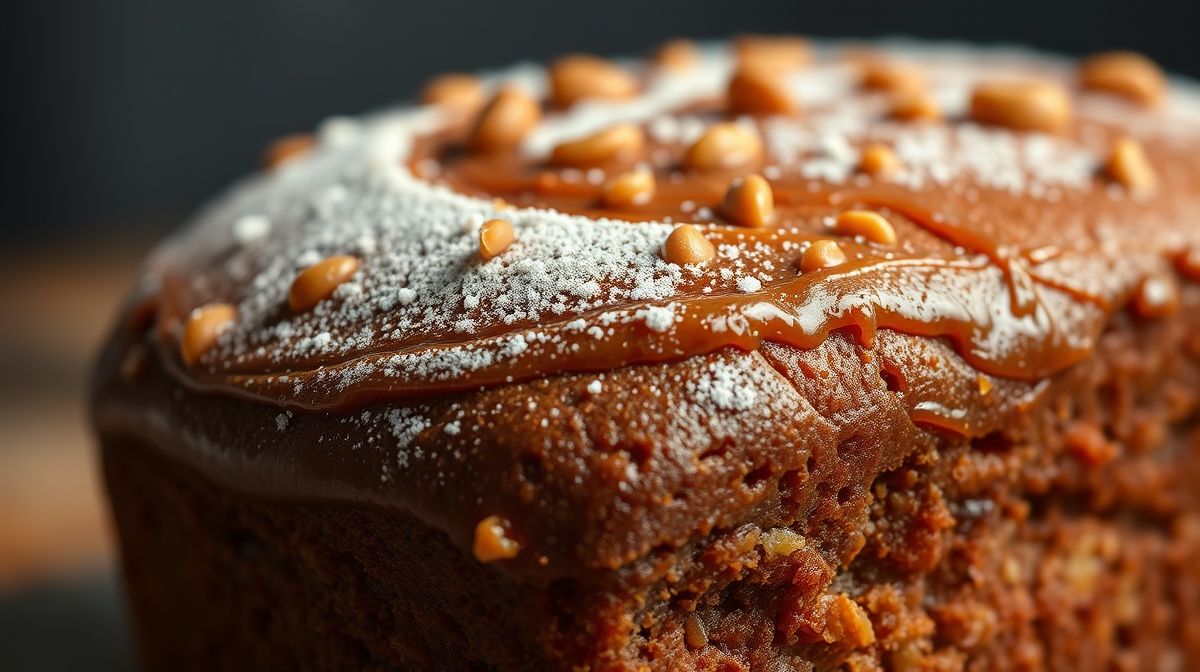 Close-up de fatia de bolo de caramelo amanteigado, textura úmida e dourada, vista detalhada do caramelo brilhante e manteiga, fundo neutro