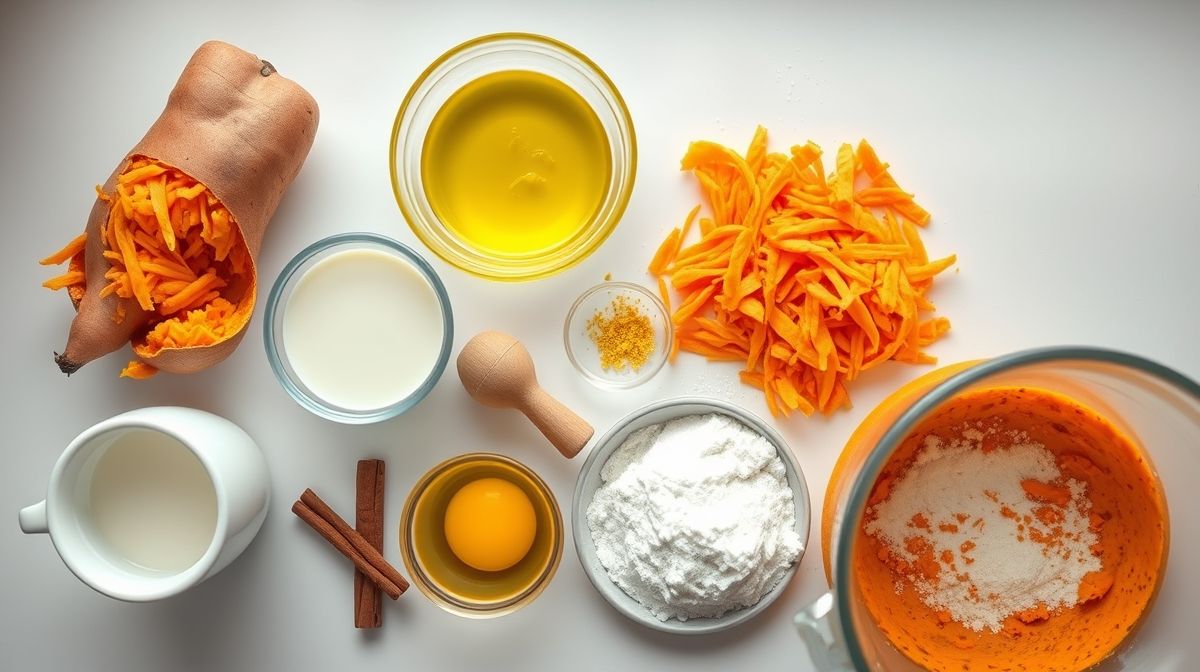 top view of ingredients and preparation for sweet potato cake in a bright kitchen, showing shredded sweet potato, eggs, milk, oil, cinnamon, lemon zest, flour, and mixing bowl, fresh and appetizing