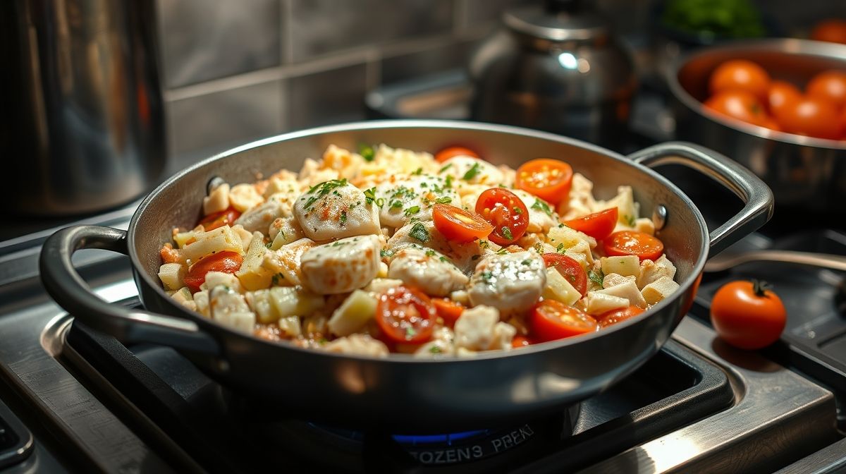 processo de preparo de empadinha de bacalhau, mostra refogado com bacalhau, cebola e tomate em panela de inox na cozinha, ambiente acolhedor e iluminado
