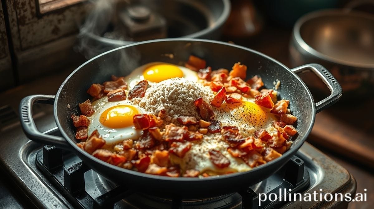 frigideira com farofa de bacon e ovo sendo mexida, mostrando ingredientes como bacon crocante, ovos mexidos e farinha de mandioca, ambiente de cozinha caseira