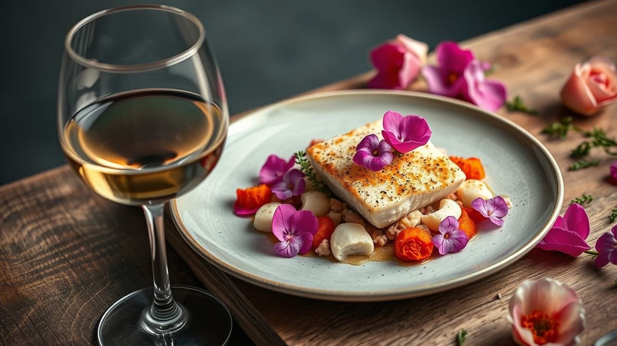 taça de vinho servida ao lado de prato com bacalhau à lagareiro e flores de Páscoa, estilo fotografia gastronômica, cores vibrantes e foco na harmonização entre vinho e comida