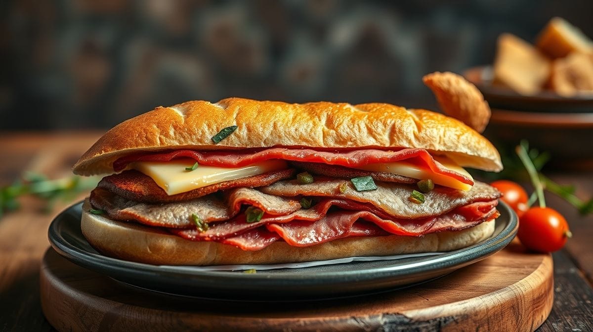 Apetitoso de um sanduiche de pastrami com fatias suculentas de carne curada, queijo derretido, picles e pao frances, com fundo rustico e iluminacao natural, estilo culinaria gourmet.