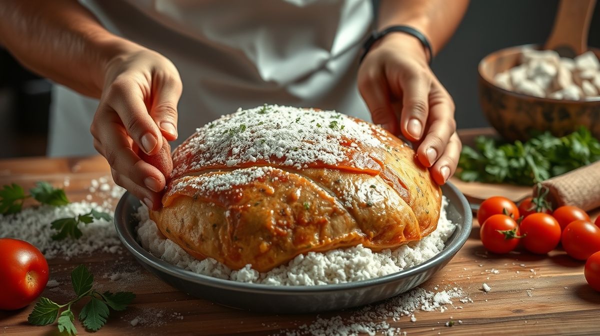 mãos modelando massa de pãozinho de minuto, ingredientes frescos ao redor, farinha espalhada na bancada, utensílios de cozinha, iluminação natural