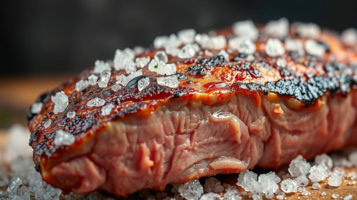 Imagem close-up da picanha engessada sendo aberta, mostrando a textura da crosta de sal quebrada com papel alumínio e carne suculenta ao fundo