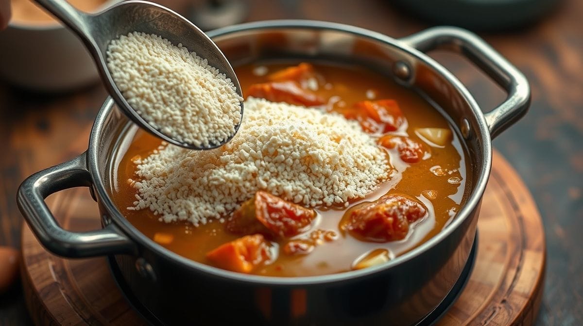 Imagem próxima mostrando o preparo do pirão de costela em panela, com farinha de mandioca sendo incorporada ao caldo, destacando a textura cremosa