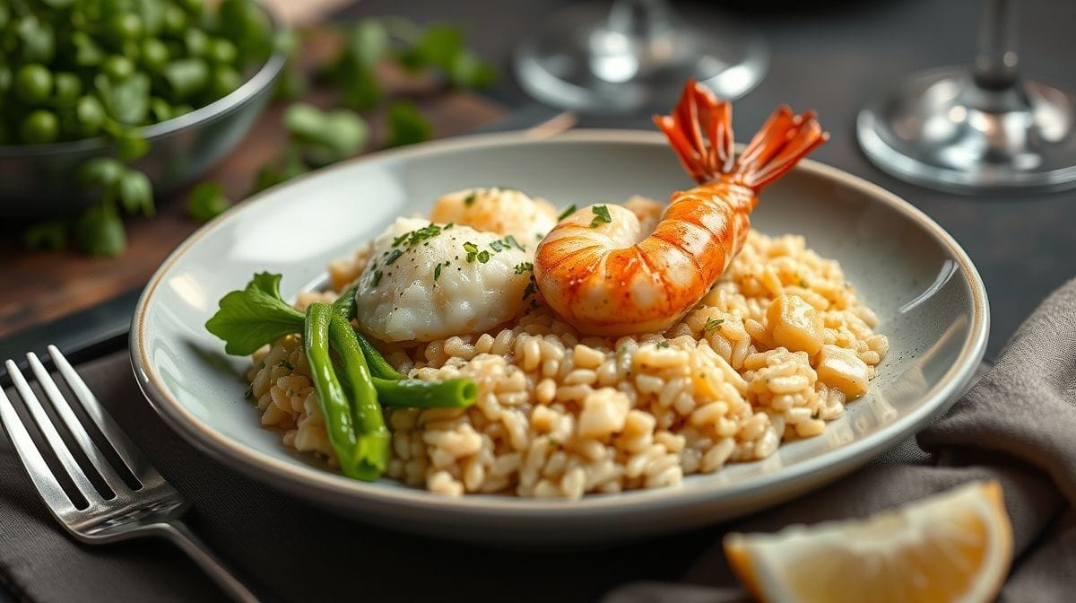 Close-up de camarão cremoso servido com arroz branco soltinho e folhas verdes frescas ao lado, em um ambiente de mesa posta elegante