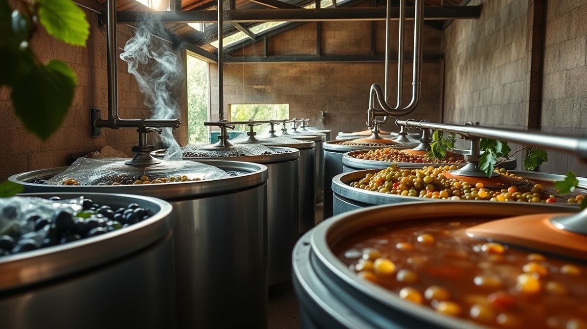 Processo de fermentação de vinho com leveduras, tanques de vinificação em vinícola, close nas uvas maduras, ambiente de produção de vinho artesanal, luz natural enfatizando a transformação do suco em álcool