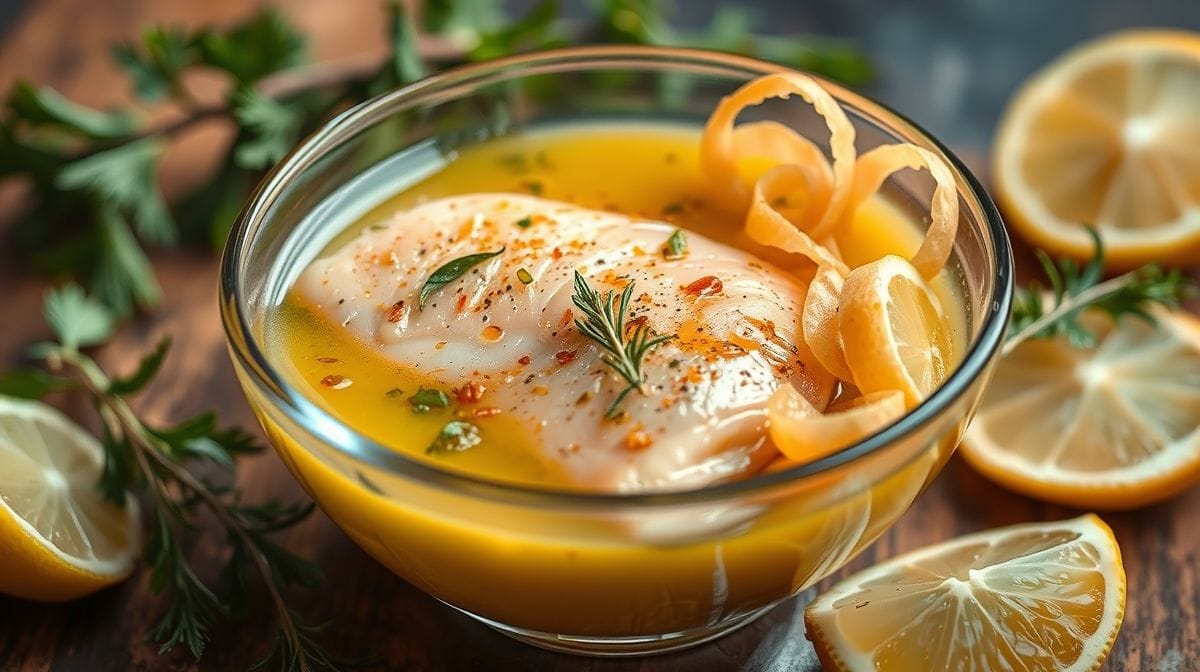 Detalhe da marinada cítrica com limão, azeite, e especiarias ao lado de filés de salmão frescos em uma tigela de vidro, estilo culinária caseira