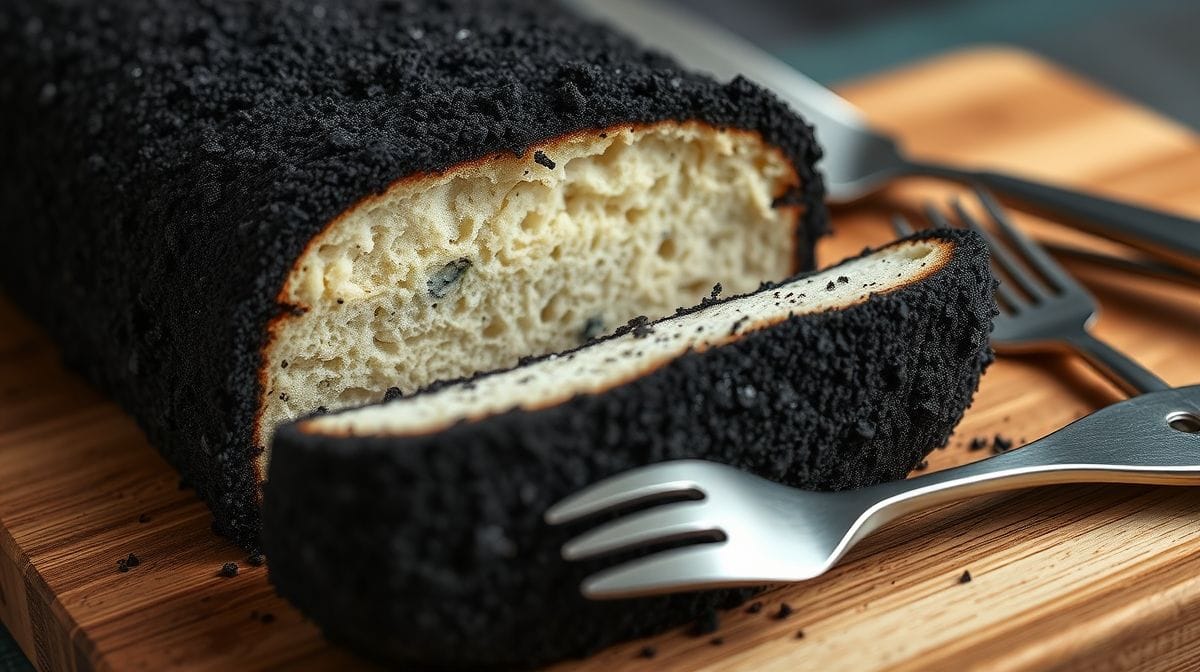Imagem close-up de trufa negra cortada ao meio mostrando o interior bege com veios brancos, sobre uma tábua de madeira com utensílios de cozinha ao fundo, estilo culinário profissional.