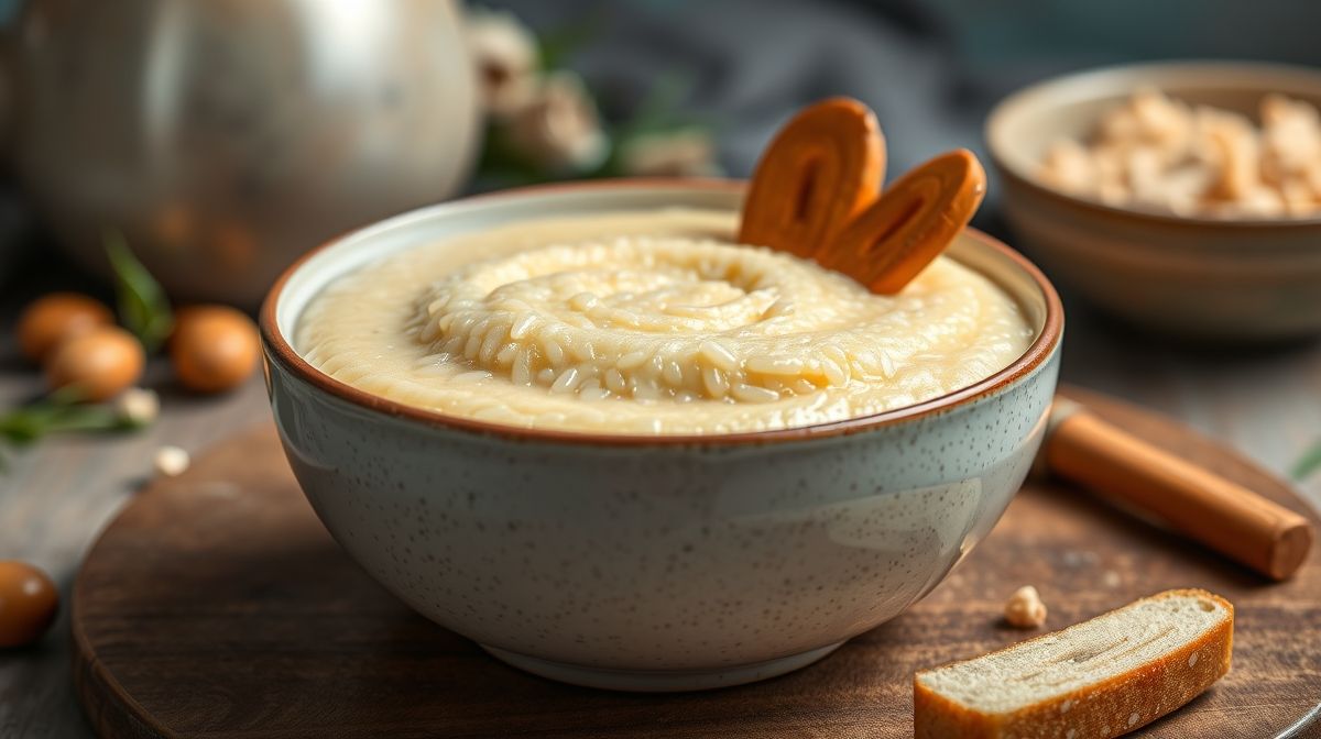 Close-up de arroz doce cremoso sendo mexido na panela, ingredientes naturais como canela em pau, cravos, e leite vegetal ao lado em uma cozinha iluminada e limpa