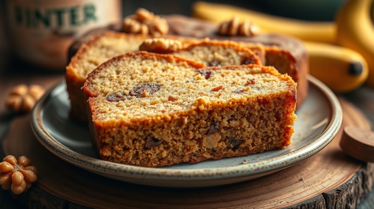 Close-up de fatias de bolo de banana caseiro servidas em prato rústico, com textura úmida e ingredientes naturais como mel, nozes e canela visíveis