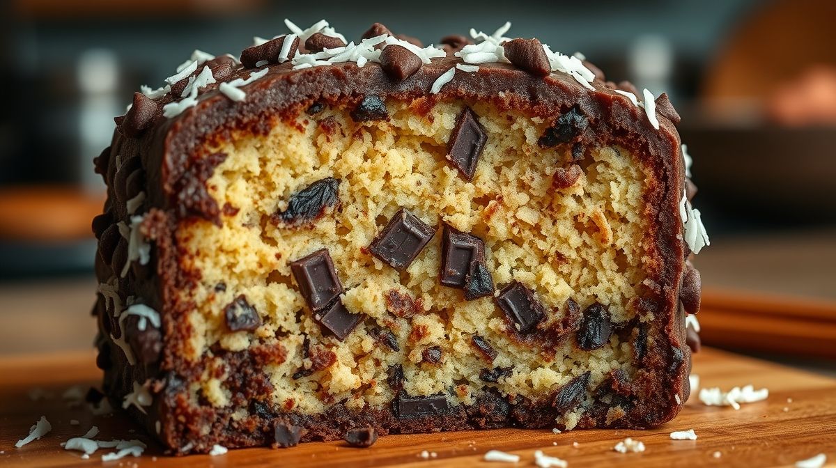 Imagem detalhada do interior do bolo formigueiro chique mostrando a textura úmida, com pedaços visíveis de chocolate ralado e coco fresco, ambiente de cozinha, estilo fotográfico realista