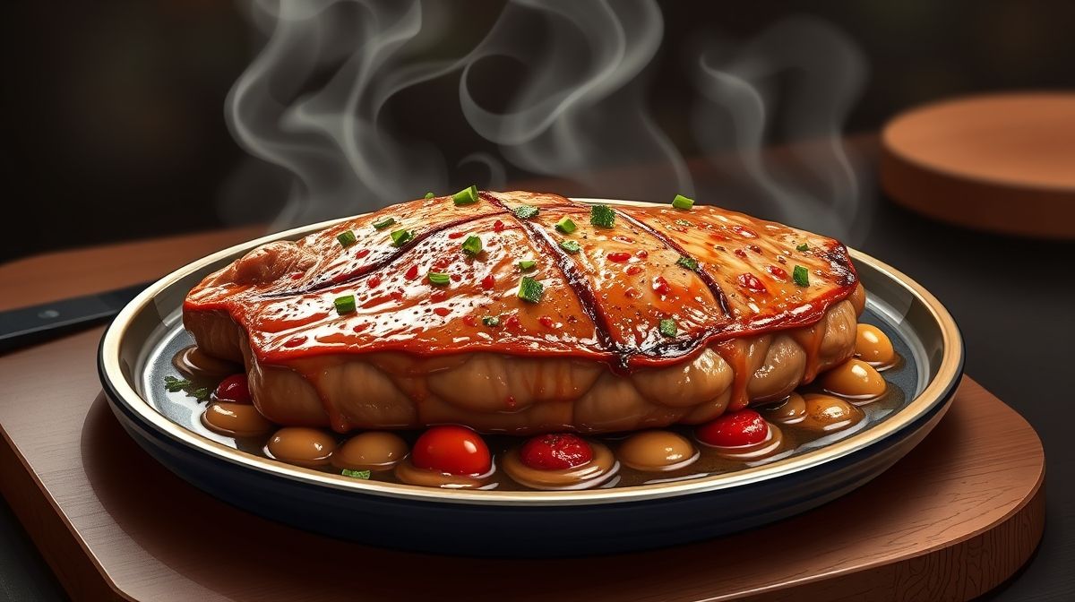 Imagem ilustrativa passo a passo de carne assada na panela de pressão, mostrando a carne selada na panela com cebola, alho e temperos, estilo fotorealista