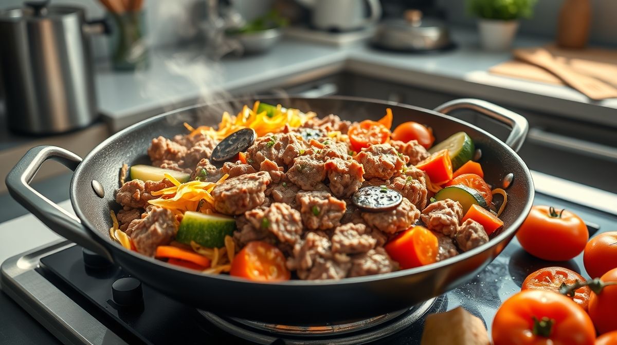 Imagem detalhada de carne de porco moída sendo refogada em panela, com cenoura ralada, abobrinha em cubos e tomate, em cozinha caseira moderna, estilo realista e apetitoso