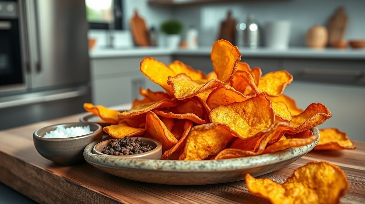 Close-up de chips de batata doce finos e dourados em um prato rústico, acompanhados de pequenos potes com temperos variados, incluindo sal e pimenta, cenário de cozinha moderna