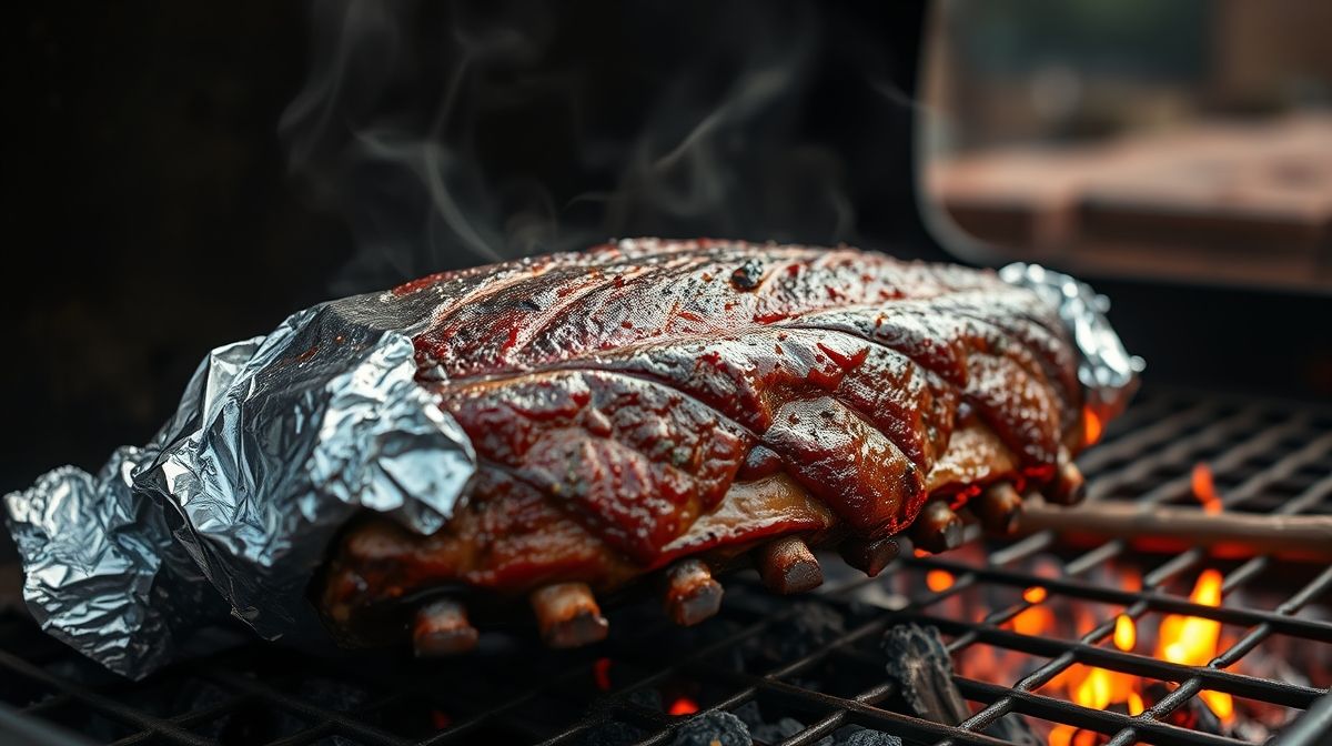 Imagem detalhada da costela de porco embrulhada em papel-alumínio cozinhando no bafo, fogo de brasa branda ao fundo, ambiente de churrasco ao ar livre
