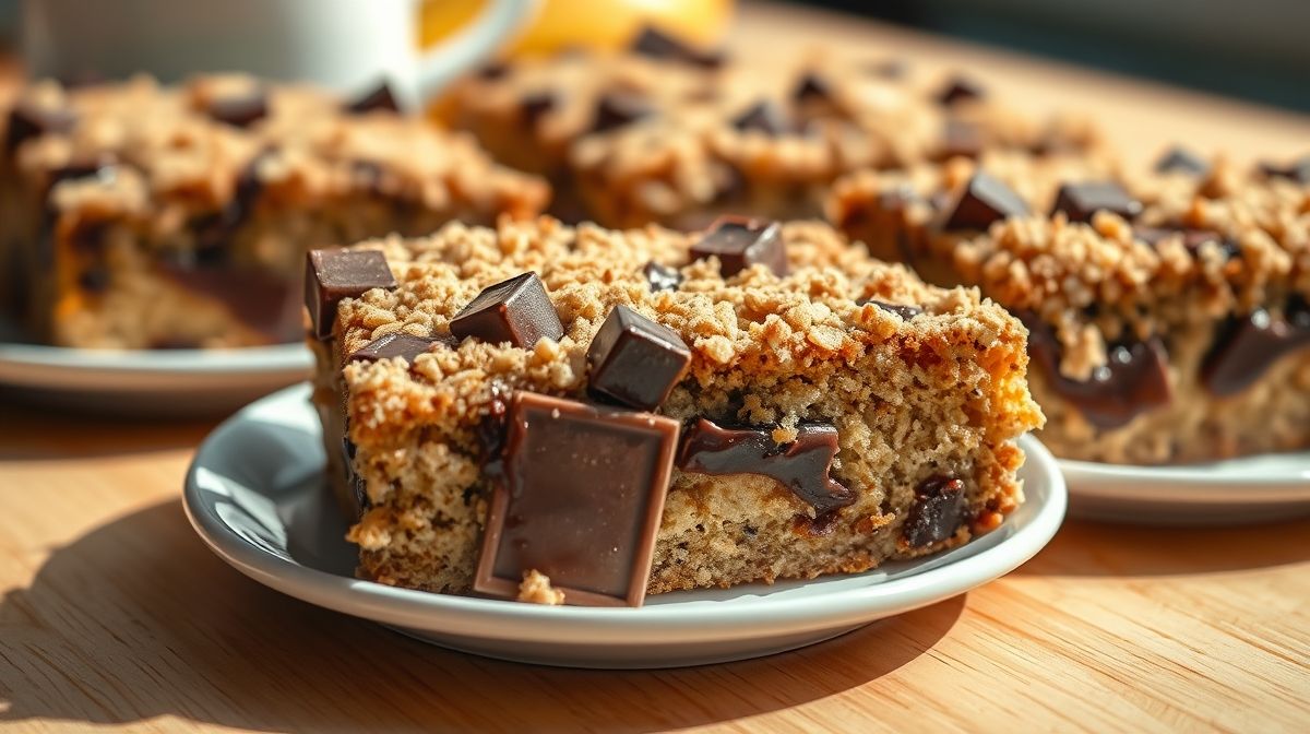 Imagem close-up de fatias de cuca de banana com pedaços de chocolate derretido, destacando a textura macia da massa e a cobertura crocante de farofa, sobre uma mesa de madeira clara