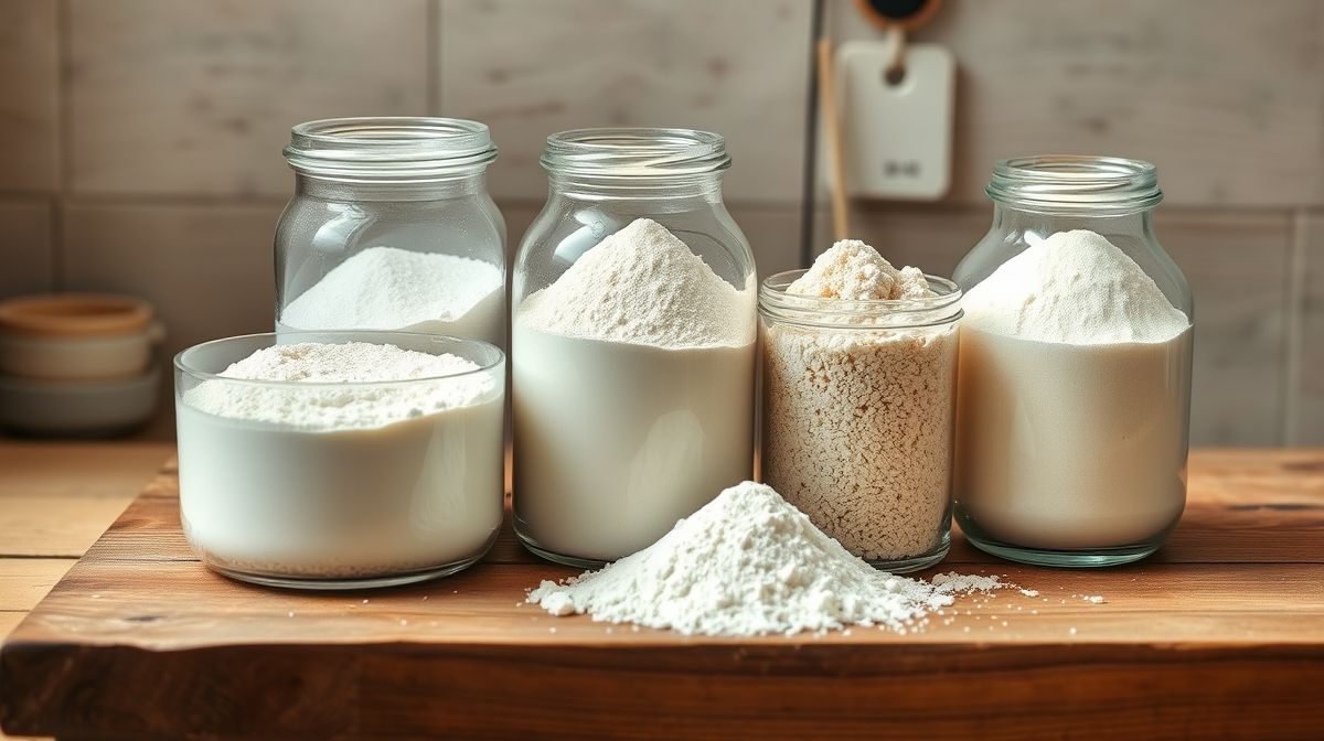 conjunto de ingredientes para farinhas sem glúten sobre bancada de madeira, incluindo farinha de arroz, polvilho doce e fécula de batata em recipientes claros