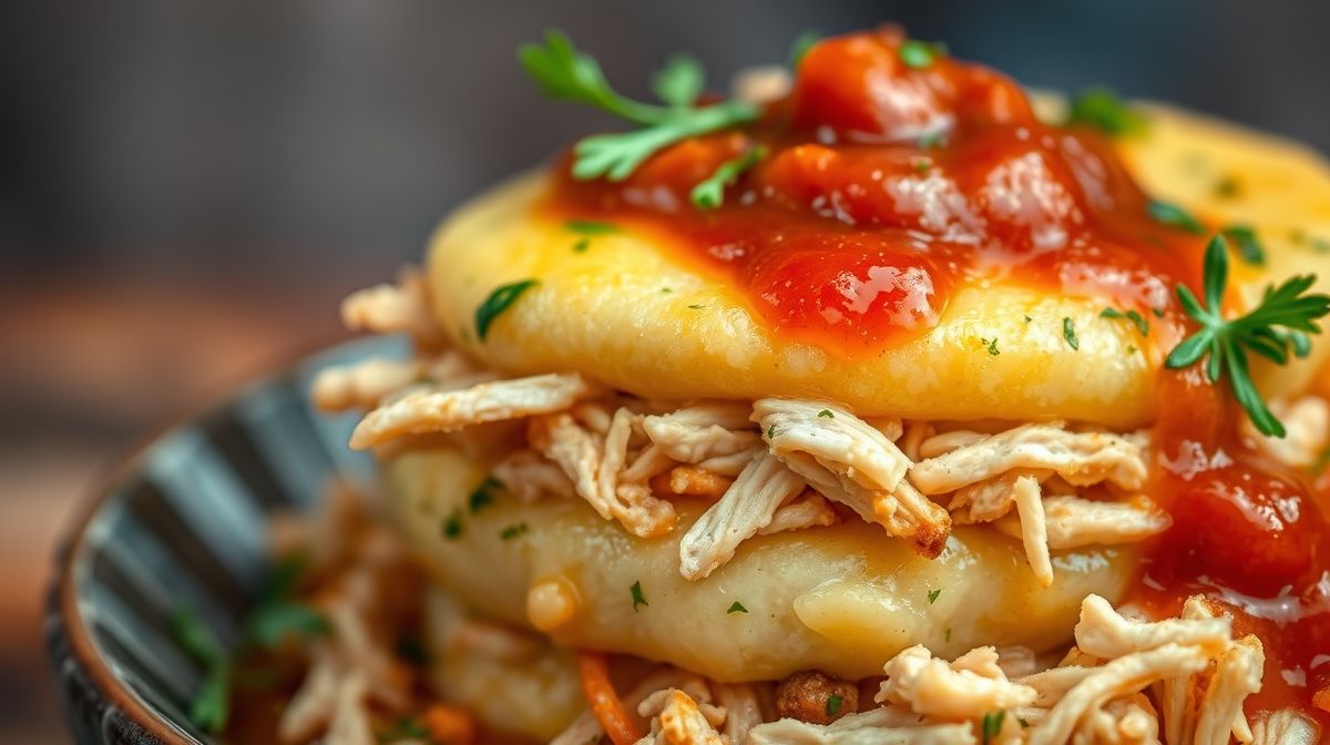 Detalhe em close do escondidinho de aipim, mostrando as camadas de creme de mandioca e frango desfiado, com ervas frescas e molho de tomate, fundo desfocado