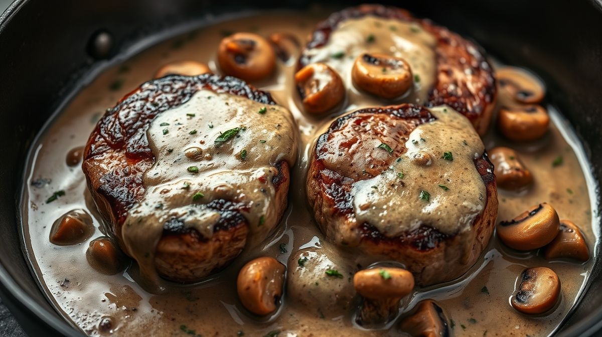 Close-up de medalhões de filé mignon selados, cobertos por molho funghi cremoso com pedaços de cogumelos, em frigideira preta quente, detalhes de textura do molho e carne suculenta