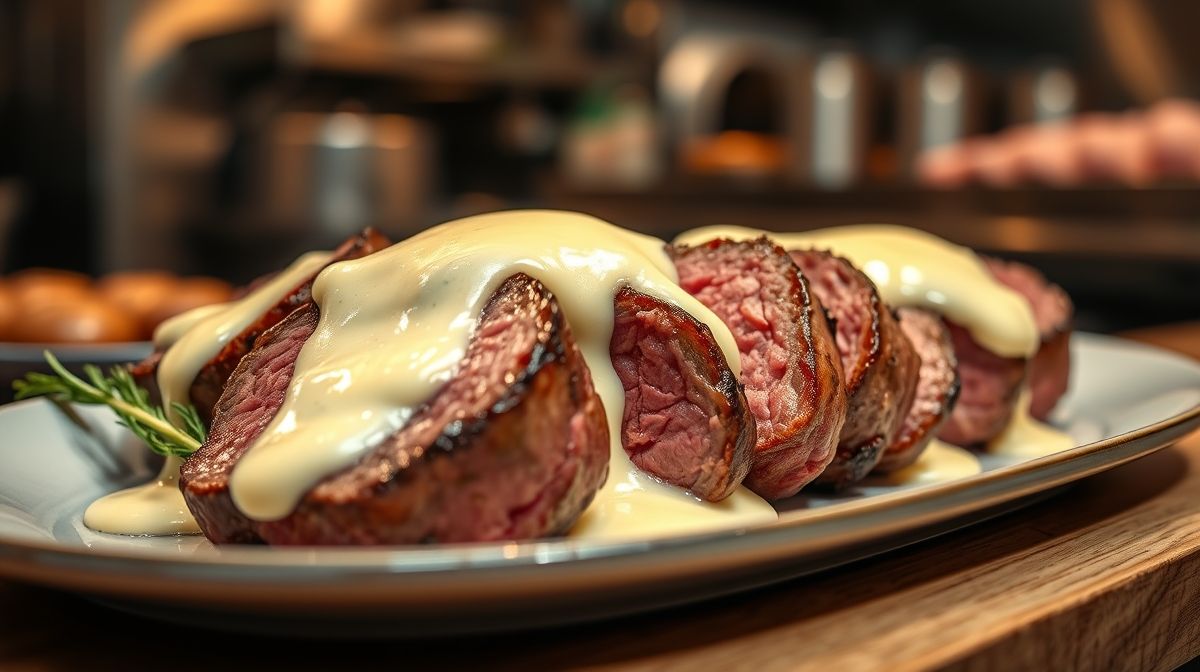 Close-up de medalhões de filé mignon selados com molho de queijo cremoso, detalhes do queijo derretido e carne rosada, estilo gourmet, ambiente de cozinha profissional