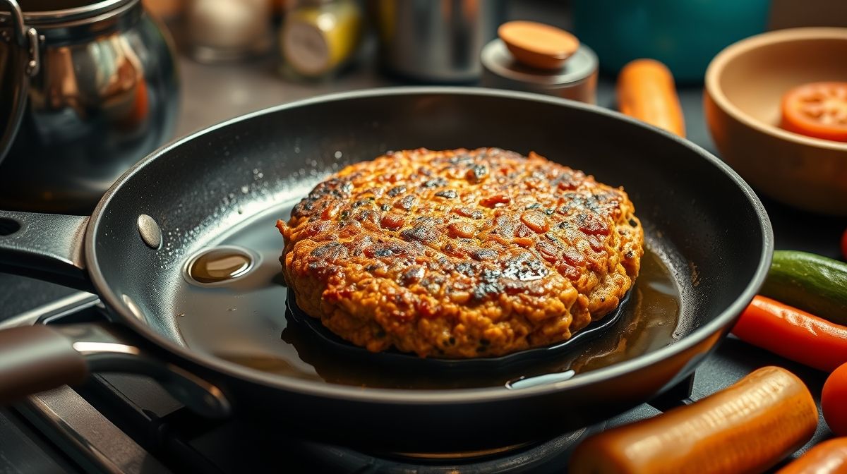 hambúrguer de feijão sendo grelhado em frigideira antiaderente com azeite, textura crocante e dourada, ambiente de cozinha caseira, utensílios culinários ao redor