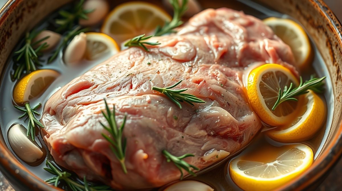 Close-up de lombo de porco marinando com temperos como alho, limão e alecrim fresco, em tigela rústica, iluminação natural suave, estilo fotorealista