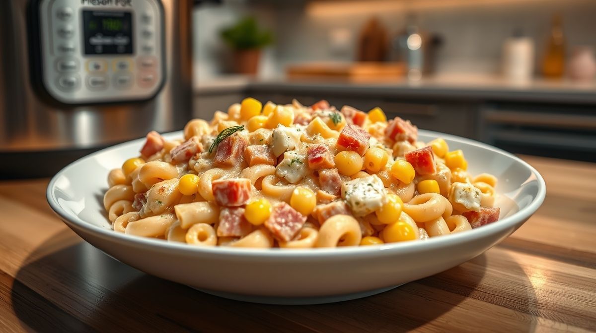 Imagem detalhada do macarrão cremoso de panela de pressão servido em prato raso branco, destacando a textura cremosa do molho com pedaços de queijo, presunto e milho, ambiente de cozinha moderna, iluminação suave