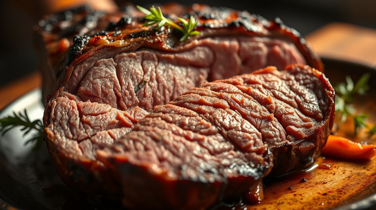 Close-up de maminha assada no forno, destacando textura suculenta e dourada da carne, corte contra as fibras, prato rústico com decoração simples