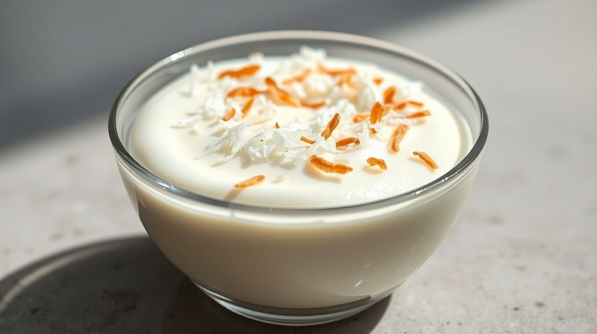 Close-up detalhado do manjar de coco fit cremoso em taça transparente, com textura suave e coco ralado por cima, luz natural, estilo minimalista e apetitoso