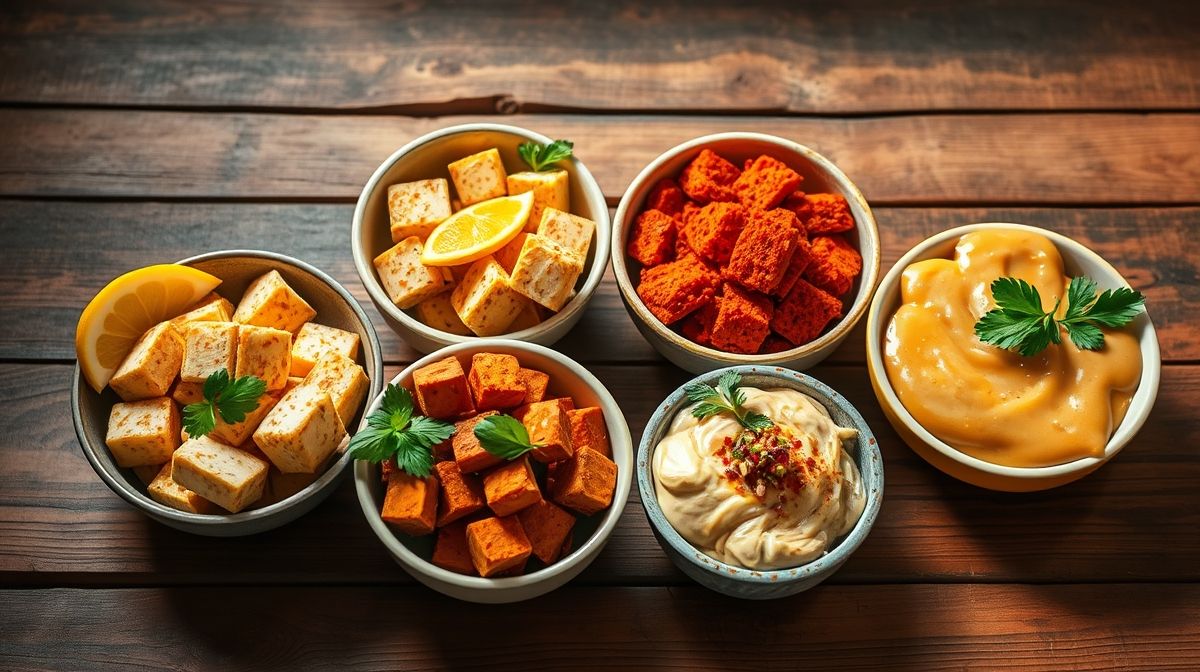 four varieties of marinated tofu displayed in bowls, each with distinct colors and garnishes like lemon slices, paprika, curry powder, and peanut sauce, styled on wooden table