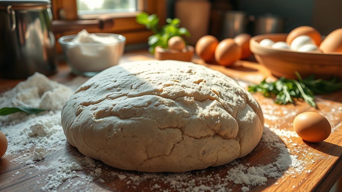 Close de massa integral para salgados sendo preparada, mostrando textura da massa e ingredientes ao redor, ambiente de cozinha caseira