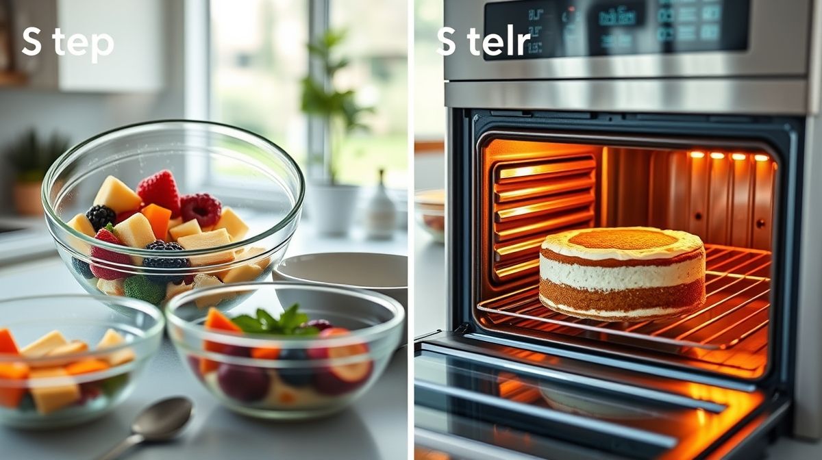 Imagem do passo a passo do preparo do naked cake light, mostrando mistura dos ingredientes em tigelas e forno ligado