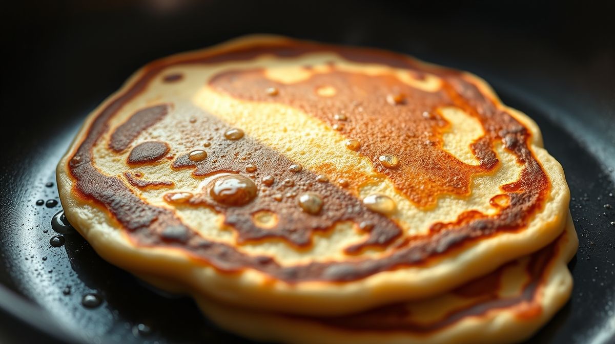 close-up de panqueca de baixo índice glicêmico na frigideira, textura detalhada, cores vibrantes, estilo culinária saudável