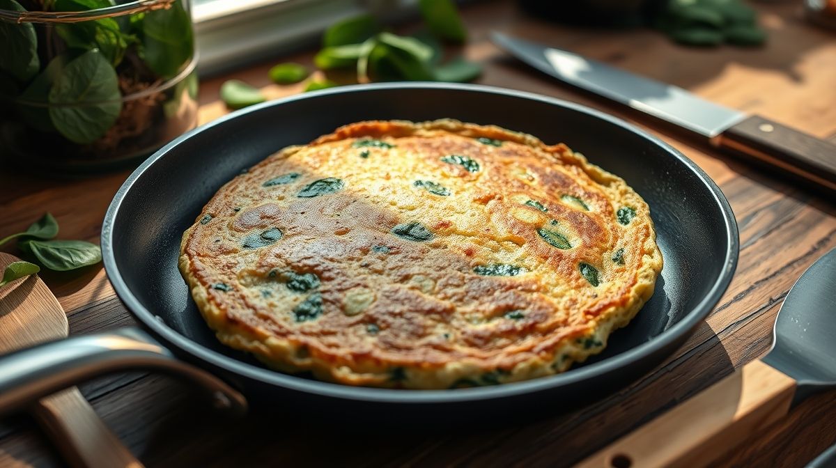 Imagem detalhada da panquequinha de espinafre recém pronta, dourada, mostrando textura da massa com espinafre, em frigideira antiaderente com utensílios de cozinha ao redor