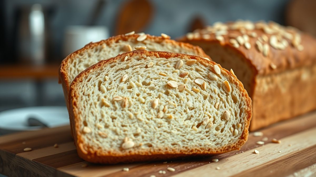 Close detalhado do pão de aveia e amêndoa sem glúten fatiado, mostrando sua textura macia e crocante, com sementes de gergelim polvilhadas no topo e fundo desfocado de cozinha doméstica.