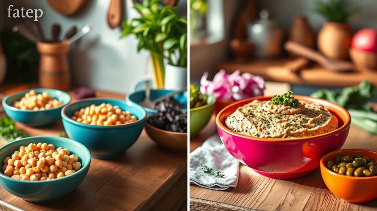 foto passo a passo do preparo de patê vegano com ingredientes frescos como grão de bico, algas, cebola e alcaparras em bowls coloridos, ambiente de cozinha caseira iluminada