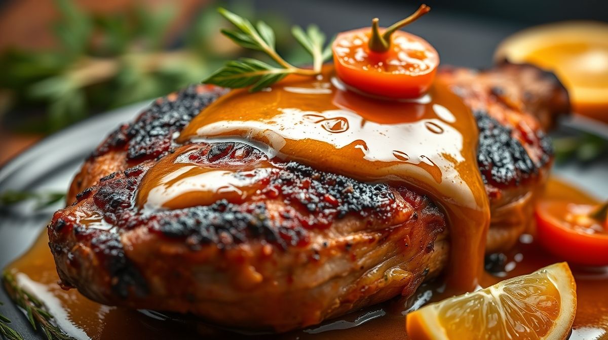 Close detalhado do molho de laranja caramelizado brilhante escorrendo sobre o pato assado suculento, decoração com ramos de alecrim e tomilho, estilo culinário brasileiro