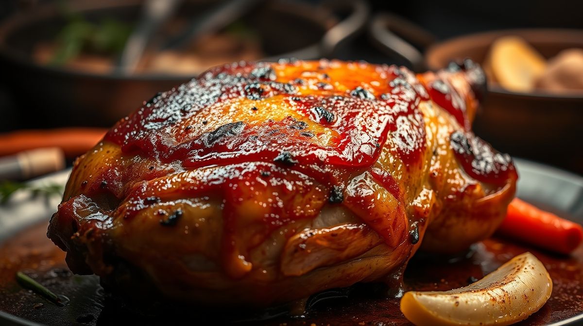 Close-up de pato assado suculento no forno, pele crocante e dourada, mostrando textura e suculência, fotografia gastronômica profissional, fundo desfocado com elementos de cozinha