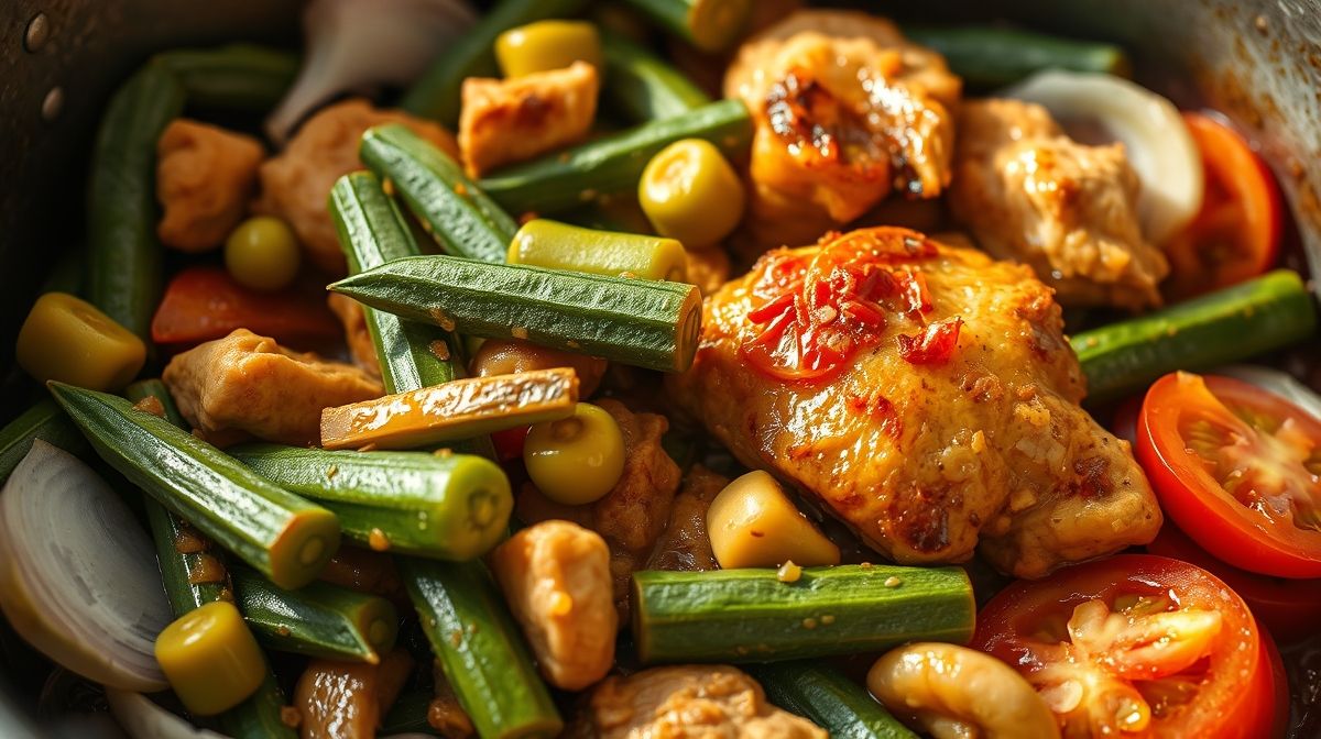 Imagem close-up do preparo de frango com quiabo na panela comum, mostrando o quiabo refogado com poucas baba e frango dourado, com ingredientes como cebola e tomate ao redor, estilo culinária brasileira tradicional