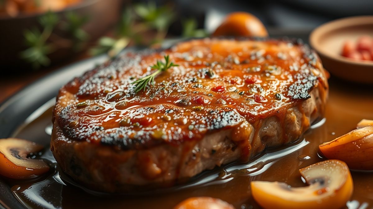 close-up de picanha ao molho madeira dourada, com destaque para o molho cremoso e pedaços de champignon, apresentação apetitosa em prato rústico, atmosfera aconchegante de jantar