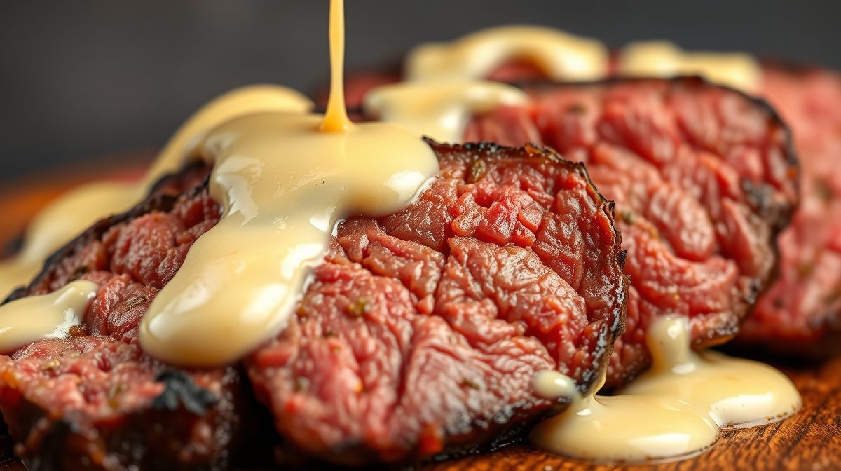 Close-up da picanha fatiada com molho de queijo derretido, textura detalhada da carne e queijo, fundo neutro