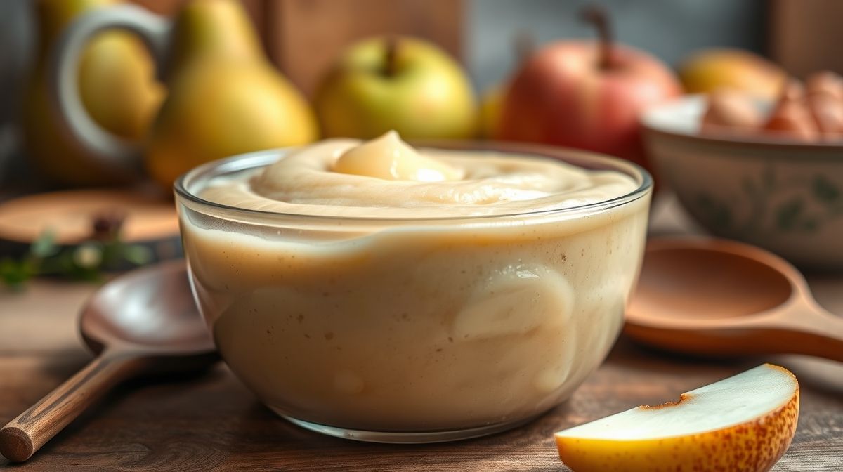Imagem detalhada de puré cremoso de pera e maçã em close, mostrando textura aveludada e cor natural, com uma colher artesanal de madeira ao lado, fundo desfocado de cozinha caseira