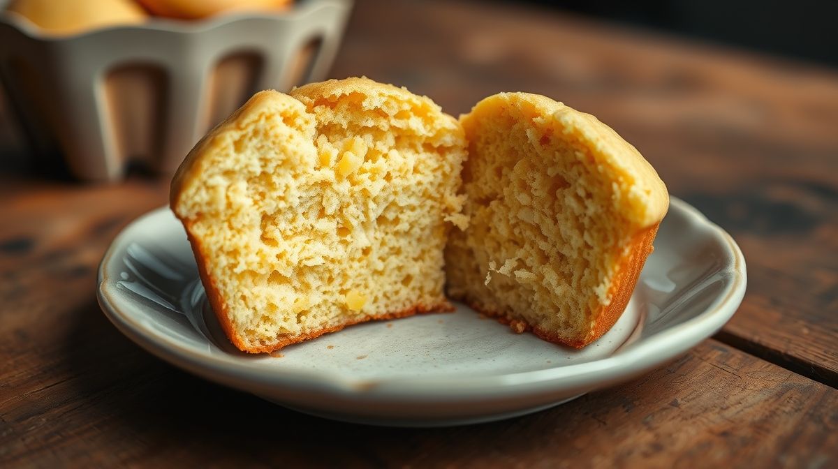 Close-up de um queque de milho cortado mostrando sua textura macia e amarelo claro, em um prato sobre uma mesa de madeira