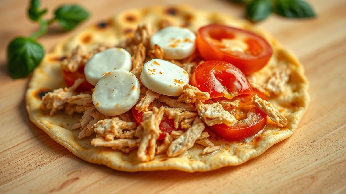 Close de uma tortilla Rap10 dourada recheada com frango desfiado temperado, muçarela e tomate, sobre superfície de madeira clara, estilo culinária caseira