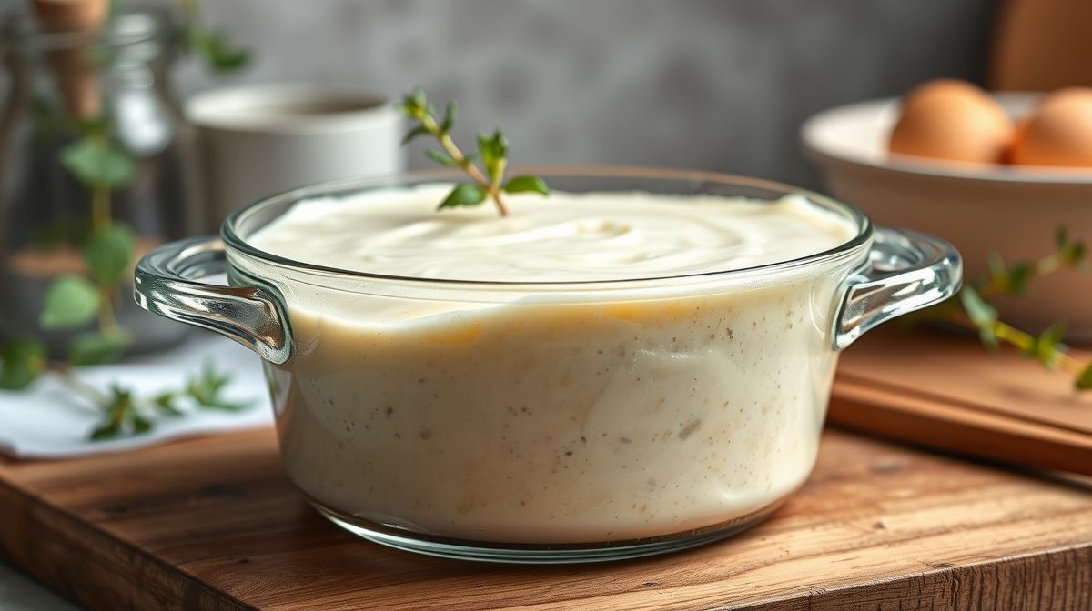 Imagem detalhada de maionese caseira cremosa em pote transparente, com textura lisa e cor branca, cenário de cozinha caseira, estilo natural e realista