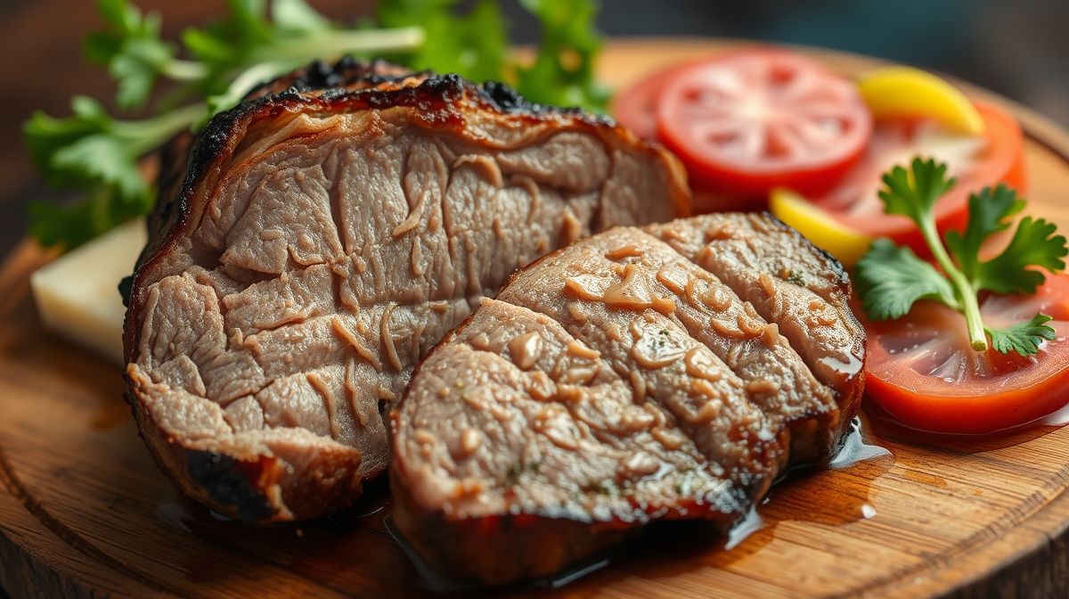 Close-up de um risole de carne moída cortado ao meio mostrando o recheio suculento e temperado, sobre um prato de madeira, ao lado de talheres e folhas de salsinha frescas