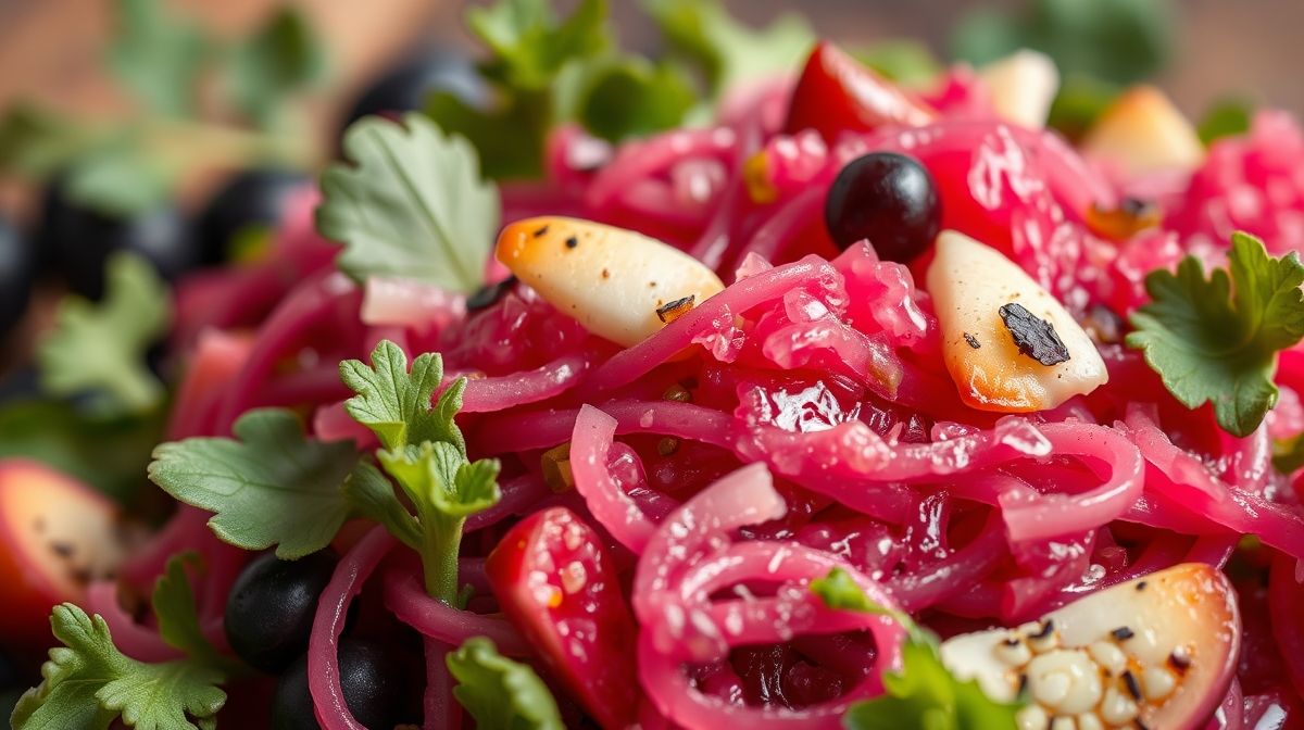 Close-up detalhado de salada cremosa de repolho roxo com pedaços de abacaxi e uva passa, mostrando textura crocante e molhada, fundo desfocado de cozinha aconchegante com elementos naturais