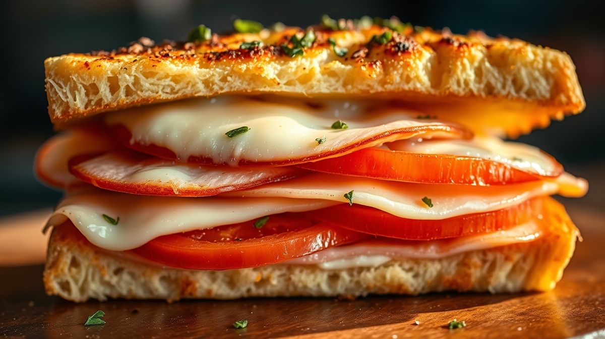 Imagem close-up do sanduíche de forno recém-saído do forno, mostrando as camadas de pão, queijo mussarela derretido, presunto fatiado, rodelas de tomate e um toque de orégano, com textura crocante e dourada